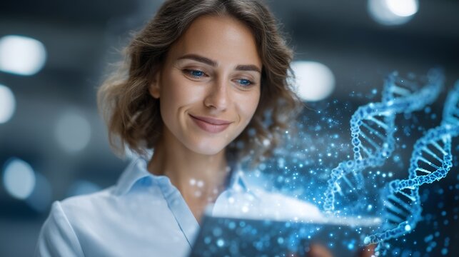 Genetic health consultant explaining DNA test results to patient in a modern laboratory using digital interface