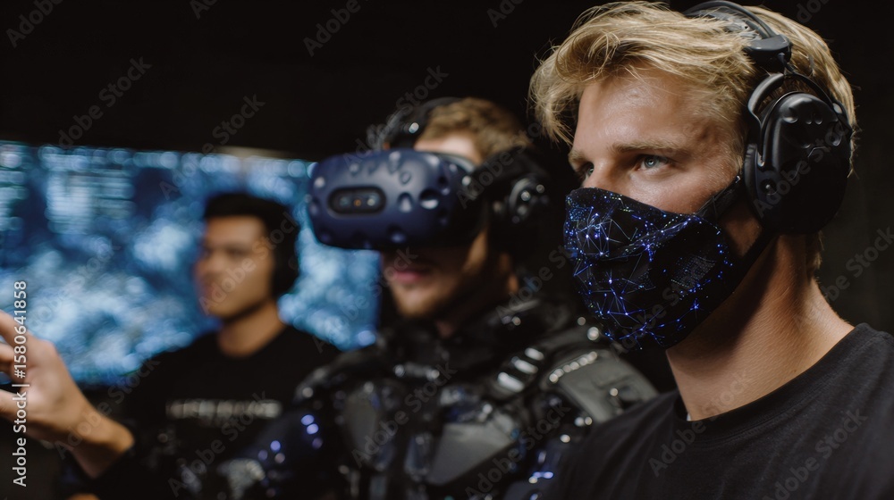Poster group of technology professionals testing immersive virtual reality environment with motion capture 