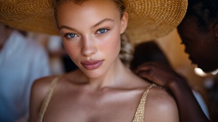 Group of individuals preparing garments and accessories behind curtains for summer runway show presentation