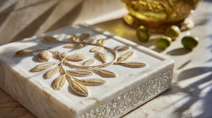 Carved olive branch motifs on marble soap dish. Luxury bathroom accessory