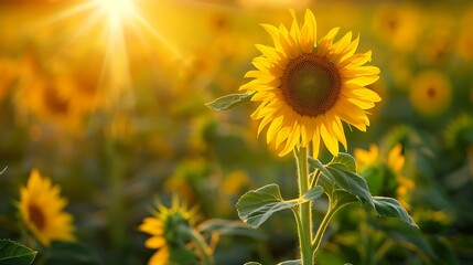 Obraz premium Single Sunflower Captured From Behind, Showing Its Thick Green Stalk And Detailed Petal Alignment As It Faces The Sun In A Field Full Of Blooming Yellow Sunflowers. Shot During Golden Hour For War