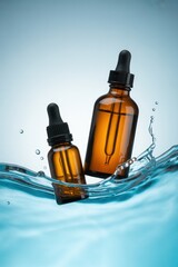 Two amber dropper bottles submerged in water with splashes against a light blue background
