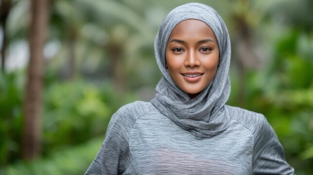 Middle Eastern woman wearing modest athletic clothing with hijab confidently running through lush green urban park pathways - Powered by Adobe