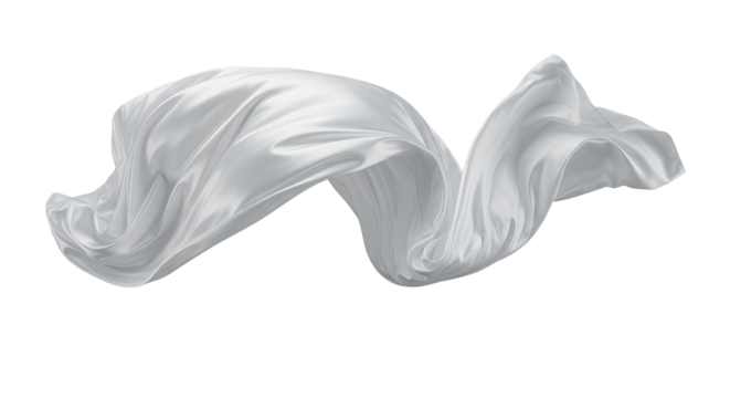 Elegant, flowing white silk fabric gracefully drapes and twists against a stark, dark background.