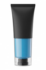 A cosmetic tube with a black top and a blue liquid section on a white background isolated shot