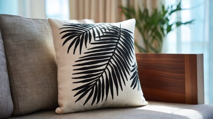 Palm leaf silhouettes screen-printed on cotton pillow. Tropical decor concept
