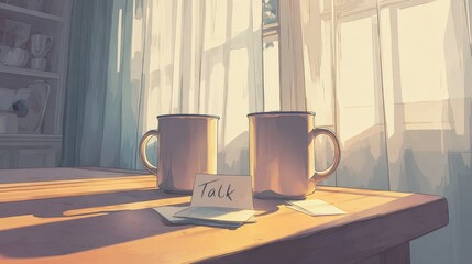 Morning light on table with coffee mugs and note inviting conversation