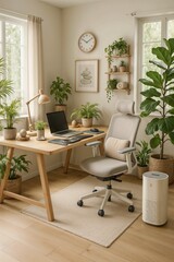 Fototapeta premium Bright plant-filled workspace with modern desk and office chair