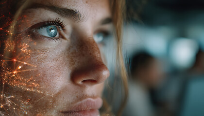 Woman uses AI tech to analyze employee data. Artificial intelligence connects with network points on face. Business team collaboration in office. Modern tech innovation concept. High tech workplace.