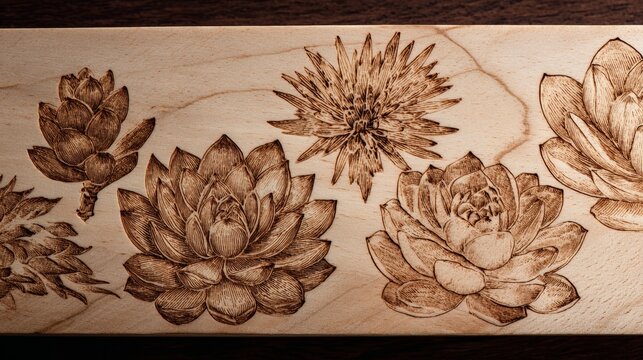 Laser-etched succulent plant motifs on wooden cutting board surface