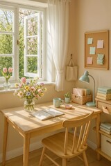 Bright feminine workspace with flowers and natural window lighting.