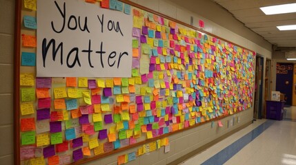 Inspirational message wall with colorful sticky notes for encouragement and motivation