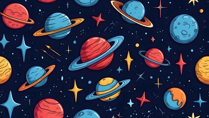 Cartoon planets and stars seamless pattern vector illustration space background art
