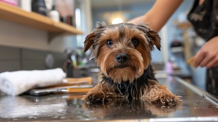 Yorkshire Terrier getting groomed, a cute small dog is laying on a table during a professional groomer session at a grooming salon