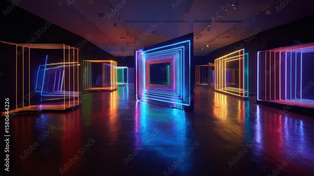 Poster mesmerizing neon light patterns shaped into intricate geometric designs glowing vividly against a po
