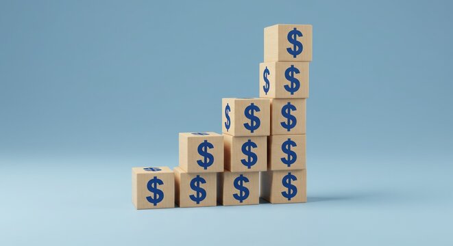Stacked wooden blocks with dollar signs symbolizing financial growth  