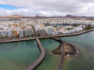 Two bridges of town Arrecife in Lanzarote aerial view from drone