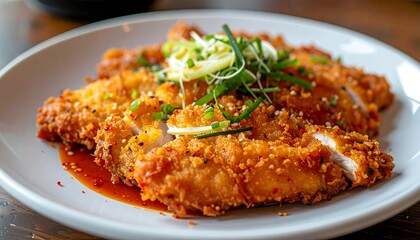 Crispy Dakgangjeong with Green Onions and Sauce on White Plate in High Contrast Photography