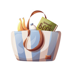 Beach bag with book and snacks isolated on white. Vector illustration.