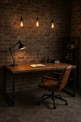 Industrial style workspace with exposed brick wall and vintage desk lamp.