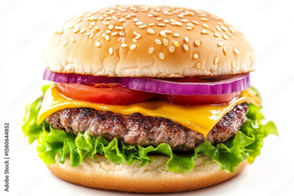 Poster flavorful hamburger sandwich on a clean white background with bold text elements for versatile use