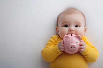 Baby Holding Pink Piggy Bank