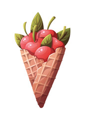 Cherries in a waffle cone isolated on white. Vector illustration.