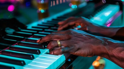 Piano Player's Hands Performing Music on Keyboard in a Nightclub Setting, Showcasing Dexterity, Artistry and Musical Expression Through Keys Under Dim Blue Lighting