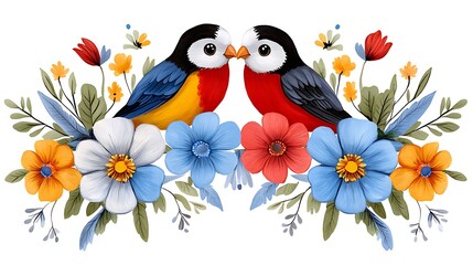 Birds and Flowers in Mandala Pattern with Bright Colors and Detail