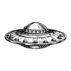 A detailed illustration of a classic flying saucer, featuring a domed top and circular base with multiple lights around the edge. The design is retro and reminiscent of 1950s sci-fi.
