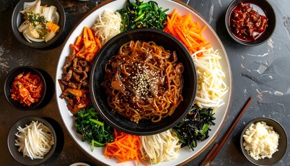 Beautiful Overhead Shot of Colorful Korean Banchan Spread with Delicious Noodles and Vegetables
