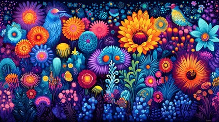 Vibrant Mandala of Birds and Flowers in Symmetrical Arrangement