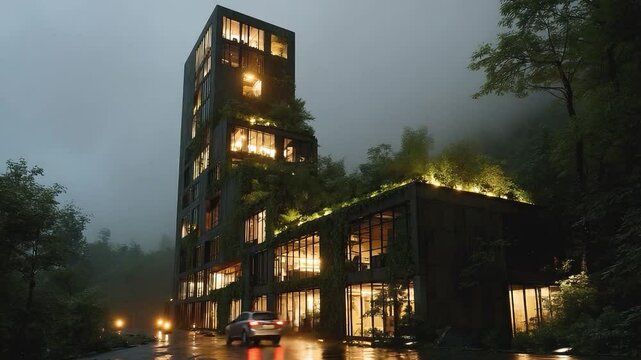 Modern Architecture Amidst Nature: A contemporary high-rise structure integrates seamlessly with its natural surroundings, its windows casting a warm glow into the twilight.