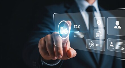 Close-up of businessman using holographic tax interface, featuring virtual icons for online tax payment, income tax return, digital tax filing, and financial account overview.