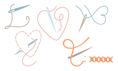 set of sewing needles with colored threads in different positions. line of love. Love for sewing, embroidery, handicrafts. flat color illustration. hobby, creative activity, profession, symbol of love