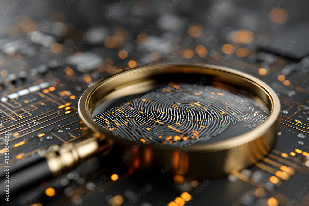 Poster fingerprint under magnifying glass on circuit board, representing cybersecurity and data protection 
