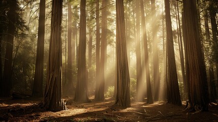 Misty Red-Barked Forest with Sunlight Penetrating Through Ancient Canopy, A Scene of Primeval Serenity