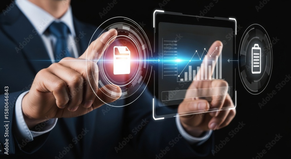 Poster businessman using holographic document management interface showing digital file storage, data organ