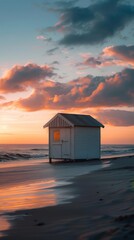 A lone beach house with warm glowing windows stands on a tranquil shore, with the serene ocean and twilight hues in the background.