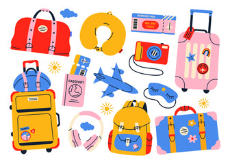 Vacation baggage sticker elements in funky doodle style. Suitcases, tickets, passport, hand luggage and travel accessories. Trip by plane concept. Cartoon vector illustration. 