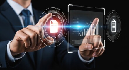 Businessman using holographic document management interface showing digital file storage, data organization, and futuristic tech system for managing record and business information.
