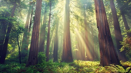 Obraz premium Misty Red-Barked Forest with Sunlight Penetrating Through Ancient Canopy, A Scene of Primeval Serenity