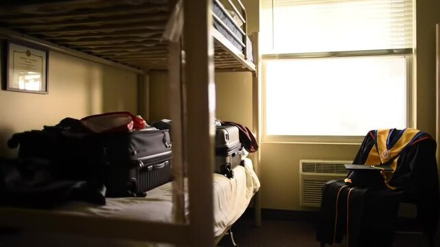 College dorm room with luggage and varsity jacket on chair by window with blinds