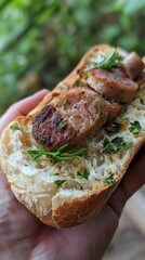 Close-up of a hand holding a grilled sausage sandwich garnished with fresh herbs, showcasing a delicious quick meal.