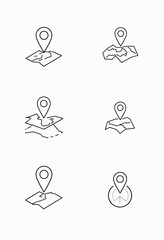Clean set of minimalist outline map pin icons, some paired with maps, ideal for digital navigation, location services, and precise geographic marking in modern interfaces.
