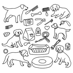 Cute young and old dogs clipart, pets, comb, bowl, sleeping pillow, leash, dog food, toy, nail clipper. Drawn with black line.