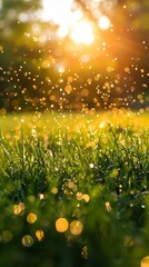 Water sprinkler spraying droplets on a vibrant green lawn with sunflare, symbolizing garden care and summer freshness.