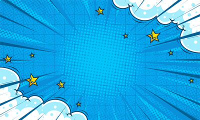 Comic cartoon blue background with cloud and stars. pop art illustration art