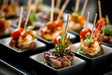 Delicious Gourmet Appetizers with Skewered Shrimp and Tomatoes in Small Bowls