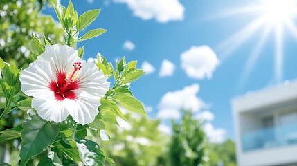 Blooming Hibiscus Flowers Glowing in the Warm Spring Sunlight